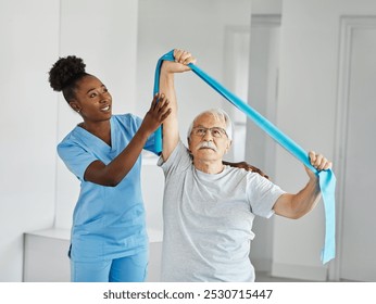 Doctor or nurse or physiotherapist caregiver exercise with senior man and woman couple  at clinic or nursing home - Powered by Shutterstock