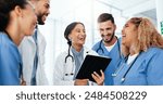 Doctor, nurse and team work on tablet for healthcare research, workflow or happy collaboration in residency training. Medical people on digital technology for clinic software solution and group laugh