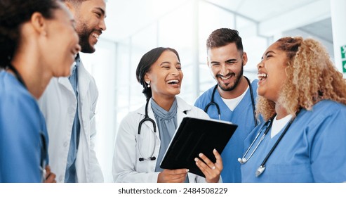 Doctor, nurse and team work on tablet for healthcare research, workflow or happy collaboration in residency training. Medical people on digital technology for clinic software solution and group laugh - Powered by Shutterstock