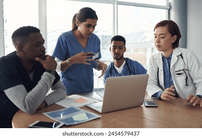 Doctor, nurse and teamwork in meeting with computer, presentation and idea for solution in medical residency. Healthcare people, student and group leadership with online research for clinical trial - Powered by Shutterstock