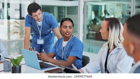 Doctor, nurse and teamwork on laptop for meeting with clinical trial woman or leader listening to research results. Medical staff and students on computer talk of ideas, solution or vaccine progress - Powered by Shutterstock