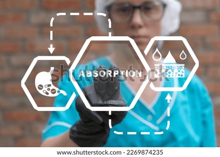 Doctor or nurse using virtual touch screen presses word: ABSORPTION. The mechanism of nutrient absorption through skin layer. Absorption pills, drugs and antibiotics.
