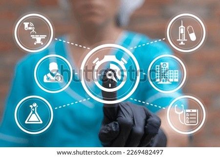 Doctor or nurse using virtual touchscreen presses button: stopwatch. Start and time management medical concept. Healthcare and pharmacy concept of urgency, reminder, schedule, countdown, deadline.