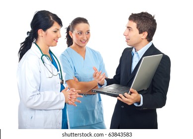 Doctor and nurse women having a conversation with an IT person man  isolated on white background