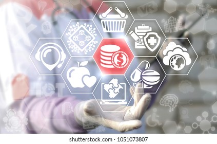 Doctor Offers Dollar Coin Icon On A Virtual Interface. Dollars Coins Modern Health Care Money Concept. Medical Financial Blockchain System. Smart Hospital Finance.