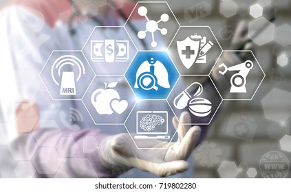 Doctor Offers Lungs Organ Magnifying Glass Icon On A Virtual Screen. Lung Disease Diagnostics And Treatment Medicine Concept.