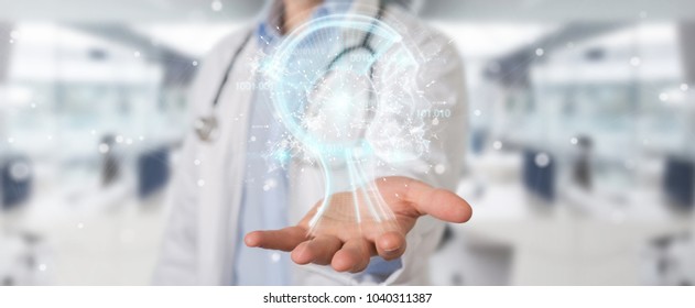 Doctor on blurred background using digital artificial intelligence interface 3D rendering