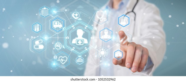 Doctor On Blurred Background Using Digital Stock Photo 1060292471 ...