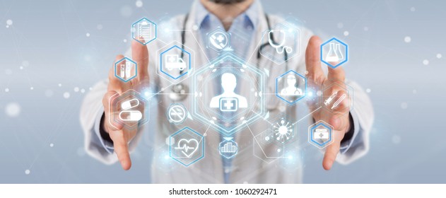 Doctor on blurred background using digital medical futuristic interface 3D rendering
