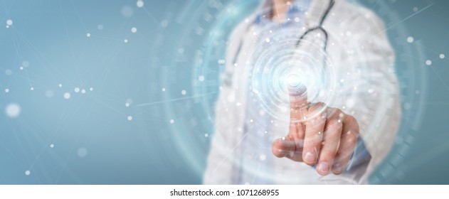 Doctor on blurred background using digital medical futuristic interface 3D rendering - Shutterstock ID 1071268955