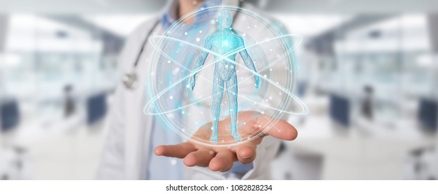 Doctor on blurred background using digital medical futuristic interface 3D rendering - Shutterstock ID 1082828234
