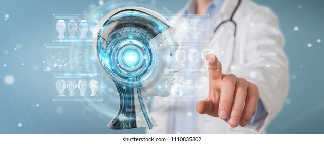 Doctor on blurred background using digital artificial intelligence interface 3D rendering