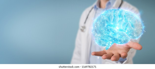 Doctor on blurred background using digital brain scan hologram 3D rendering