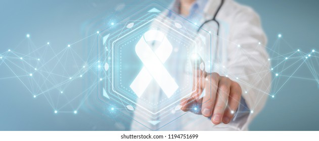 Doctor on blurred background using digital ribbon cancer interface 3D rendering