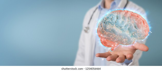 Doctor on blurred background using digital brain scan hologram 3D rendering