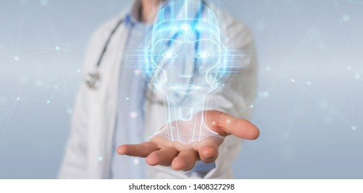 Doctor on blurred background using digital artificial intelligence head interface 3D rendering - Shutterstock ID 1408327298