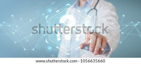 Doctor on blurred background using digital question marks interface 3D rendering