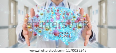 Doctor on blurred background using digital nanobot virus 3D rendering