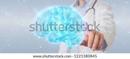 Doctor on blurred background using digital brain scan hologram 3D rendering