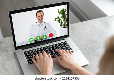 Doctor On Video Conference Or Teleconference, Discussing On Case Study Via Laptop Computer In Doctor Room. Medical Team On Webinar Using Zoom Online Meeting App, Telemedicine, Medical Technology.