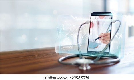 Doctor online, Online medical communication with patient on virtual interface, Online consultation, Virtual hospital, Doctor through the smartphone screen using stethoscope checks and analysis health.