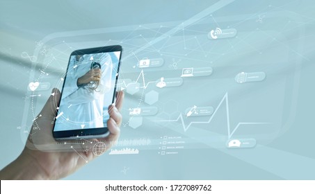  Doctor online and virtual hospital concept, Diagnostics and online medical consultation on smartphone, Communication with patient on network, Healthcare, Innovation and medical technology.