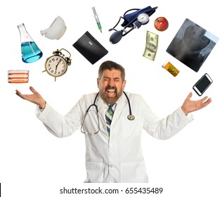 Doctor Overwhelmed By Multitasking Isolated Over White Background