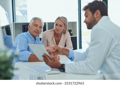 Doctor, patient or computer green screen in office for test results, digital xray or stress for healthcare report. Senior father, woman or surgeon pointing to chroma key display for medical diagnosis - Powered by Shutterstock