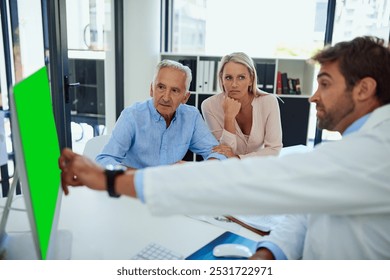 Doctor, patient or computer green screen in clinic for test results, digital xray or stress for healthcare report. Senior father, woman or surgeon pointing to chroma key display for medical diagnosis - Powered by Shutterstock