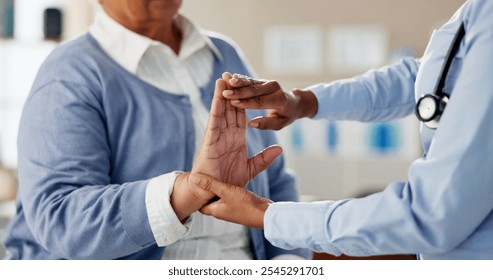 Doctor, patient and hand stretching for arthritis checkup, assessment and diagnosis at clinic. Woman, physiotherapist and female pensioner with wrist exercise for healthcare, help and support - Powered by Shutterstock