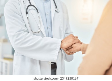 Doctor, patient and helping hand, empathy and communication, comfort and cancer results with kindness. Respect, help and trust, support in healthcare and people in hospital, holding hands and care - Shutterstock ID 2349250167