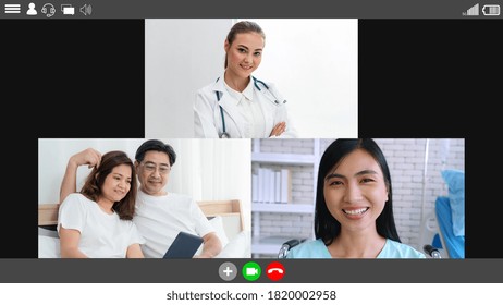 Doctor And Patient Talking On Video Call For Telemedicine Service . Online Health Care Application In Cropped Zoom View Of Computer Screen . Medical Technology Concept .