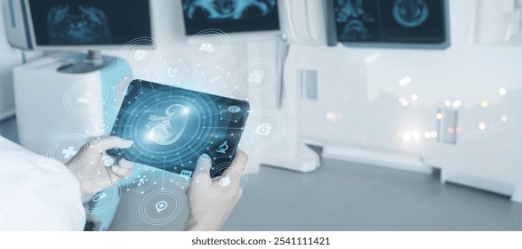 The doctor performs a digital diagnosis of the patient's kidney. - Powered by Shutterstock