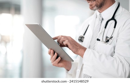Doctor person, hands and tablet with hospital, healthcare and wellness data in a clinic. Technology, online results and research and medical professional working and planning on the internet at job