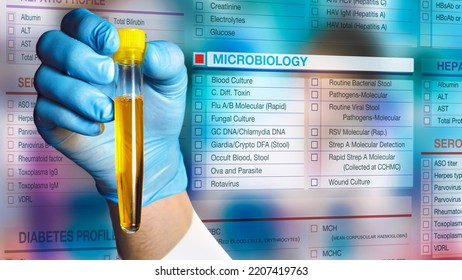 Doctor With Petri Plate Culture And Microbiological Digital Tests Petition Form For Microbiology Lab. Microbiologist Holding Urine Sample Tube And Background Microbiology Testing Request Form