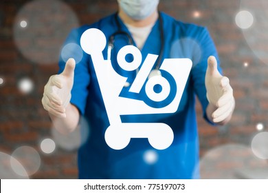 Doctor Or Pharmacist Using Virtual Interface Offers Shopping Cart Percent. Pharmaceuticals Sell. Health Care Sale Shopping Commerce Concept. Medical Procurement.