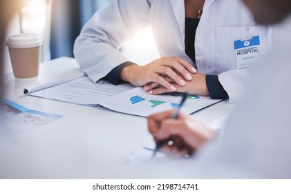 Doctor Planning With Report In Meeting, Healthcare Worker And Medical Expert In Discussion About Health Insurance Paperwork And Writing Hospital Schedule In Training. Team Of Nurses In Conference