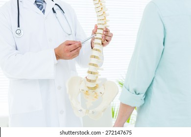 Doctor Pointing Anatomical Spine In Medical Office