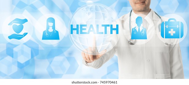 Doctor Points At HEALTH With Icons Showing Symbol Of Healthcare People, Medical Bag And Patient Caring Against Blue Abstract Background.