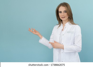 Doctor points to a list on a blue background