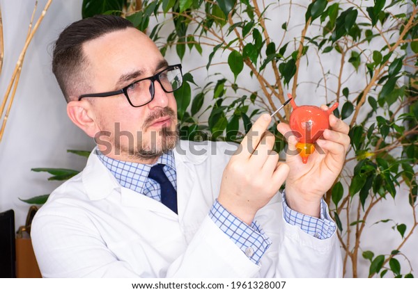 Doctor points to ureter connecting kidneys\
with bladder, to patient at appointment as the cause of possible\
disease, renal colic, obstruction blockage with stone, pain in the\
side, hydronephrosis