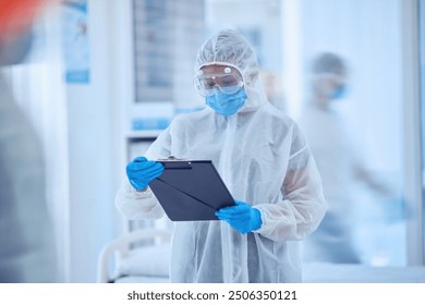 Doctor, ppe and person with medical report in hospital for mpox pandemic treatment protocol. Mask, protective suit and scientist with document for health, research or busy reading clipboard with blur - Powered by Shutterstock