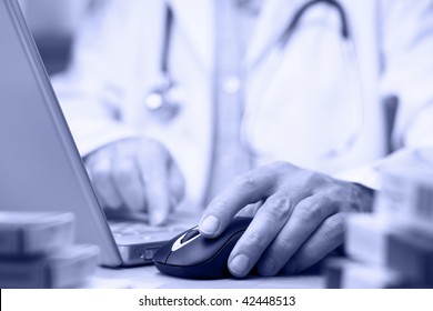 Doctor Preparing Online Internet Medical Record Blue Tone