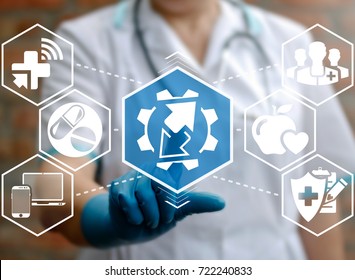 Doctor Presses Cogwheel Arrows Button On A Virtual Screen. Smart Information Technology Healthcare Automation Modernization Integration Engineering Concept.