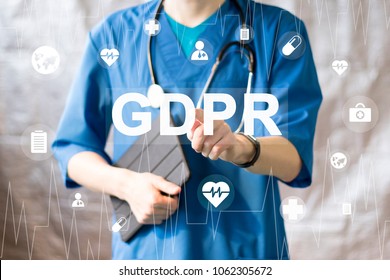 Doctor Pressing Button GDPR Data Protection Regulation Healthcare On Virtual Panel Medicine.