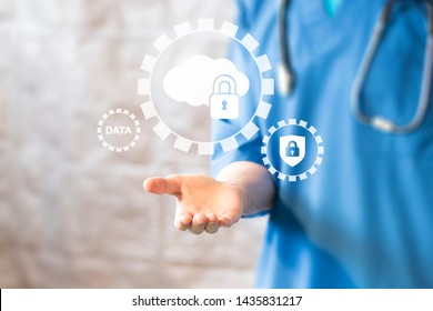 Doctor Pressing Button Gear Data Protection Cloud Healthcare In Medicine.