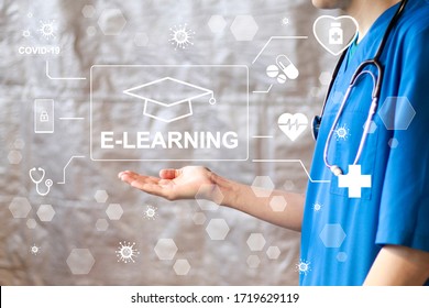 Doctor pressing button online education, e-learning healthcare covid-19 virus, coronavirus on virtual panel.
