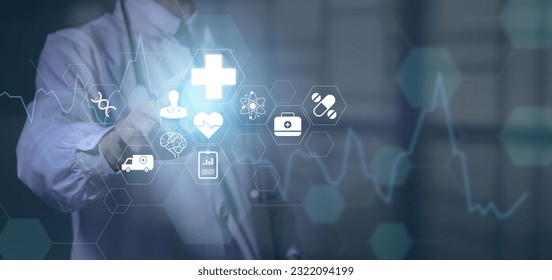 Doctor pressing virtual medical icon with medical network connection increased public health care Growth of health and life insurance business - Shutterstock ID 2322094199