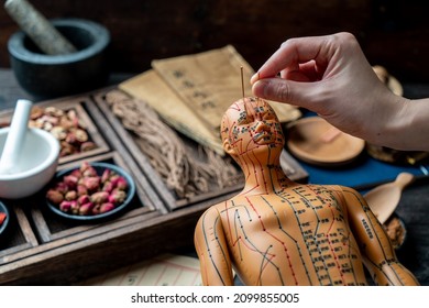 The doctor is pricking acupuncture with a model.Chinese character translation：Drawing acupuncture - Shutterstock ID 2099855005