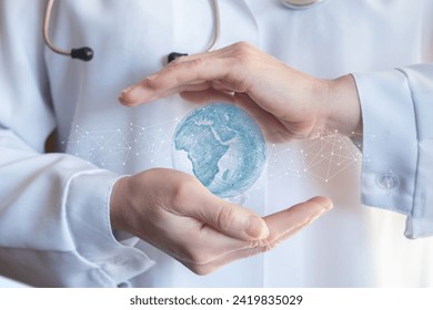 Doctor protects globe and medical network with hands gesture.